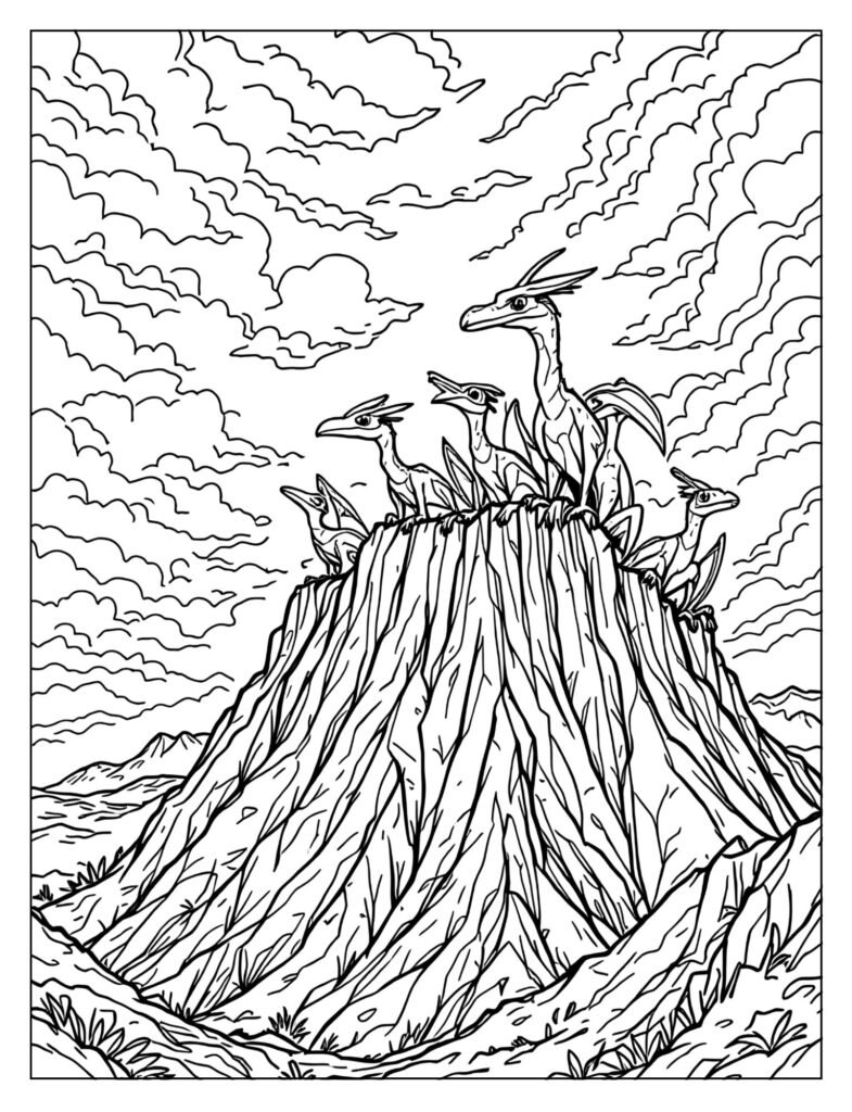 Pteranodon flock on volcanic island peaks coloring page