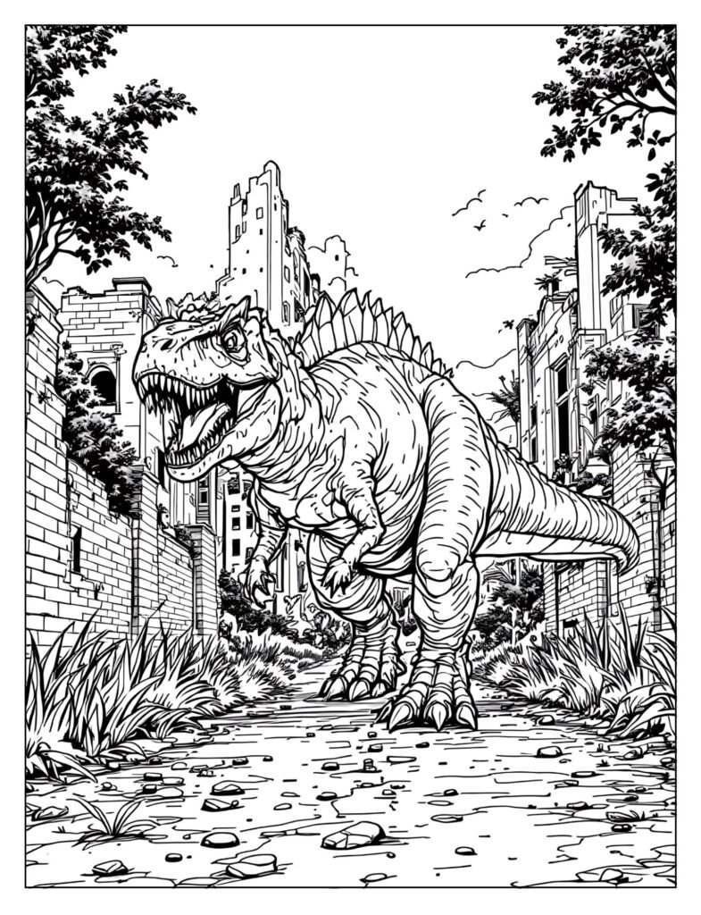 Tyrannosaurus Rex in overgrown city street coloring page