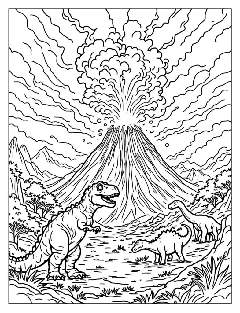 Dinosaurs reacting to volcanic eruption coloring page