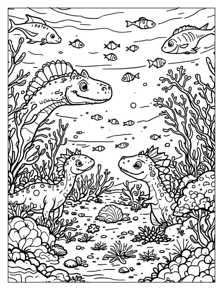 Aquatic dinosaurs in coral reef coloring page