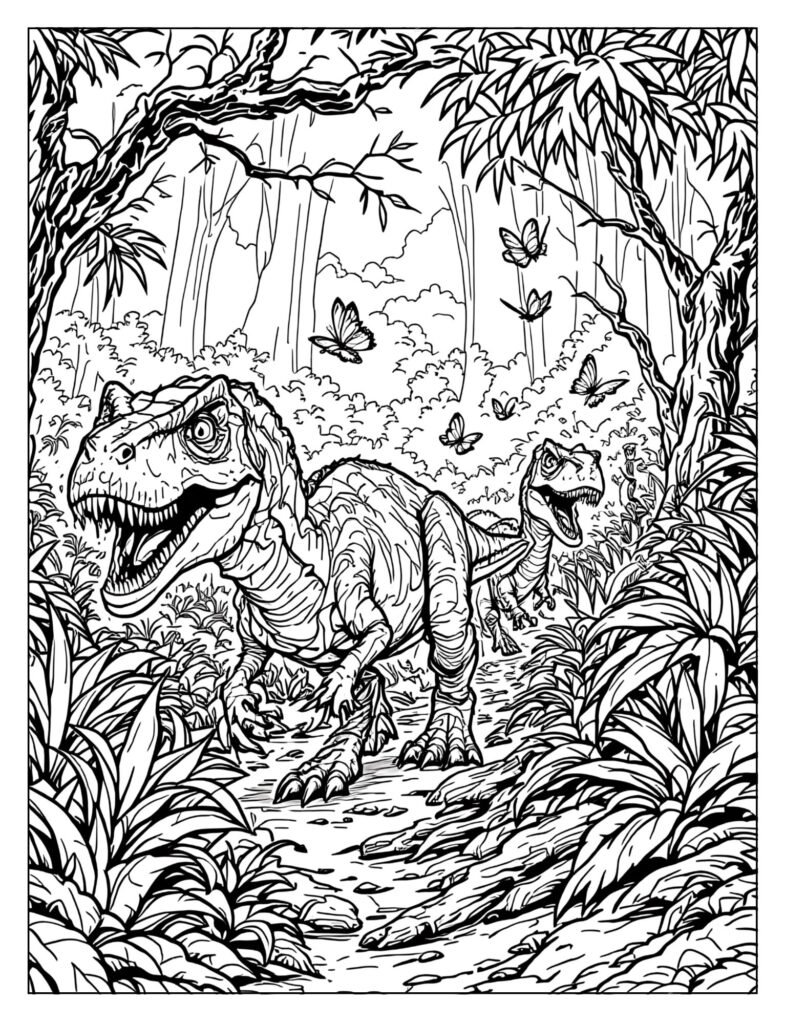 Velociraptor pack hunt in dense forest coloring page