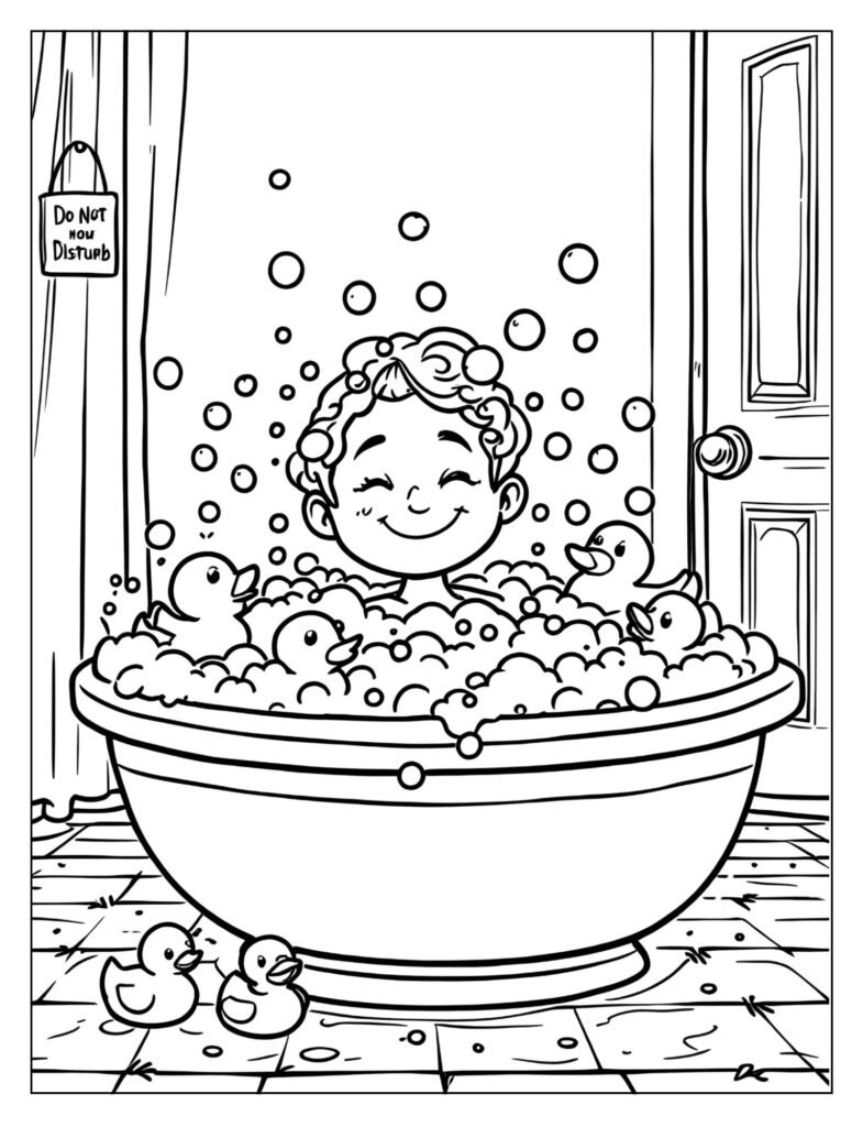 A person in a bubble bath with a "Do Not Disturb" sign.