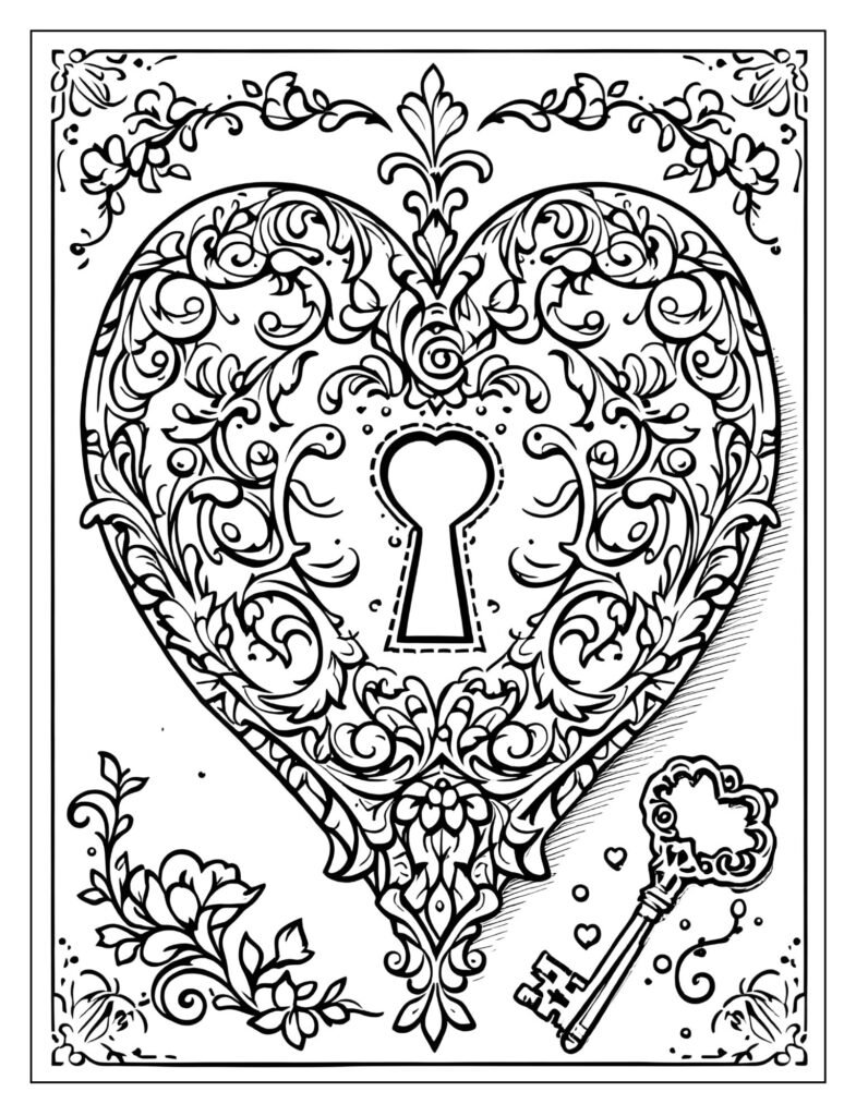 A small heart with a keyhole and a tiny, elegant key resting next to it.