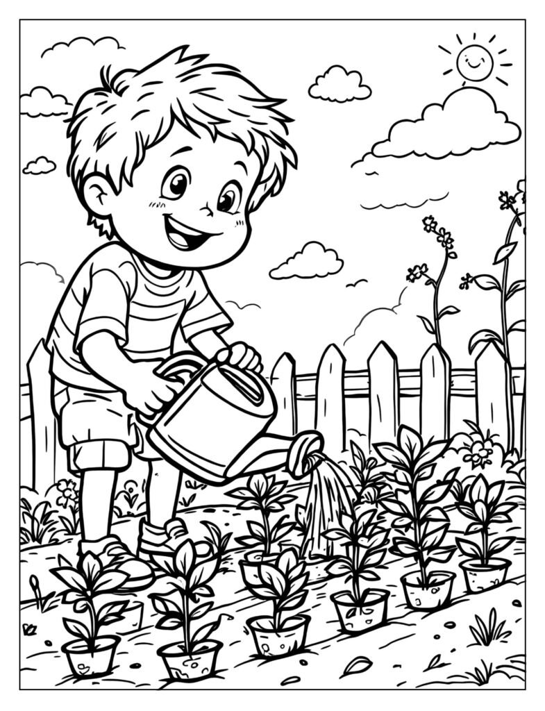 Happy child watering garden with a watering can coloring page
