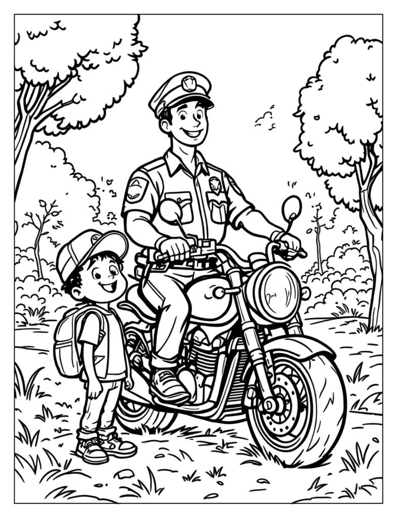 Two children standing and looking up in awe at a police officer sitting on their motorcycle.