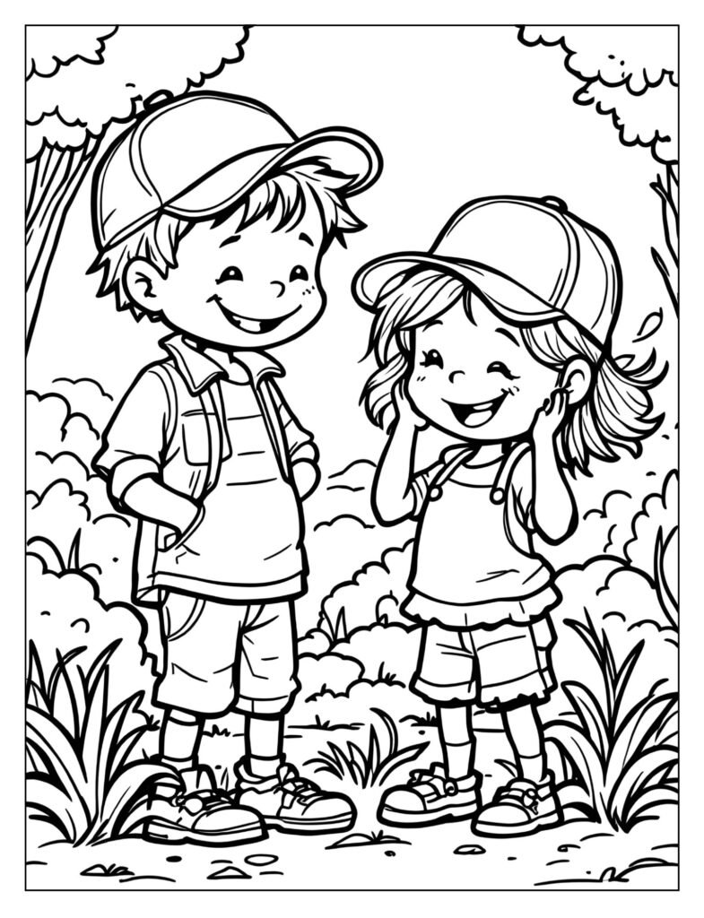 Two cartoon children happily playing outdoors, both wearing baseball caps and smiling.
