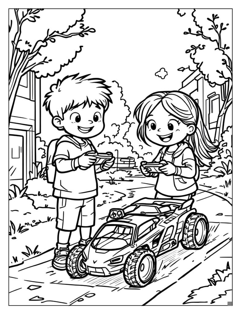 Two cartoon children happily controlling their respective RC cars on a sidewalk.