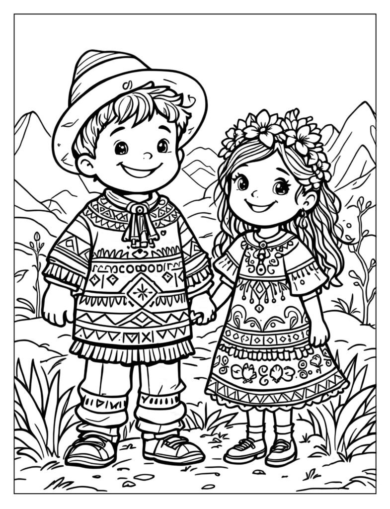 Two children in traditional Peruvian clothing, smiling and holding hands.