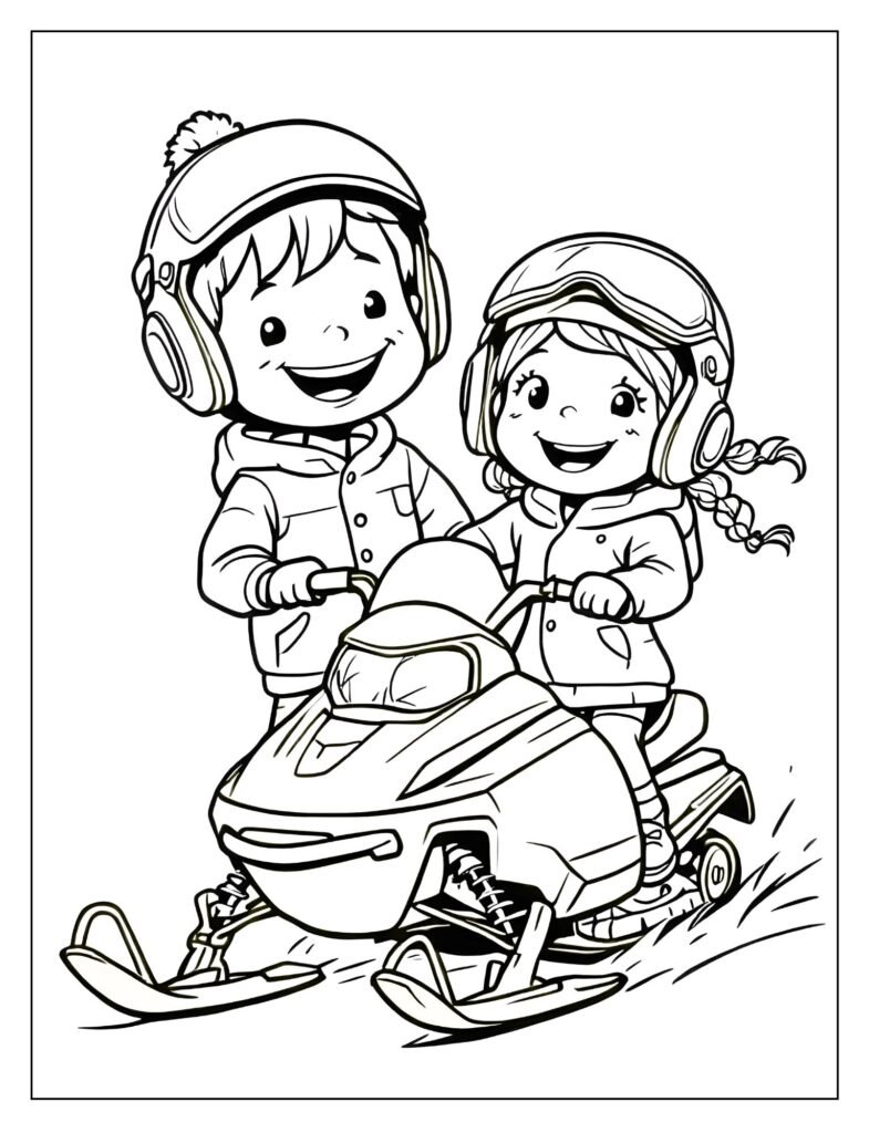 Two cartoon children happily sitting on a parked snowmobile, wearing helmets and smiling.