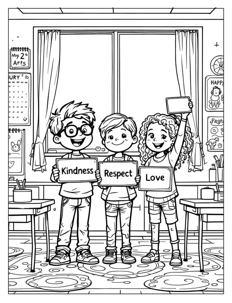 Children holding up signs with positive words like kindness, respect, and love.