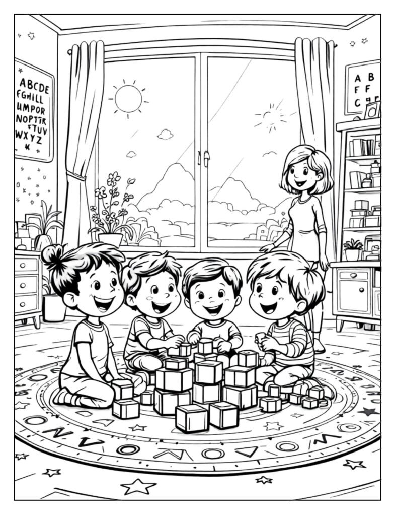 A black and white illustration of a lively kindergarten classroom with young children engaged in playful learning activities, ready for coloring.