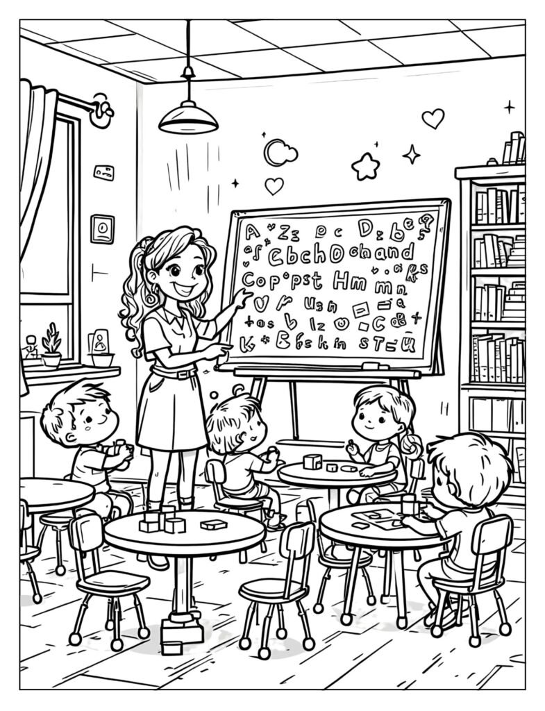 Kindergarten classroom with teacher and small chairs coloring page