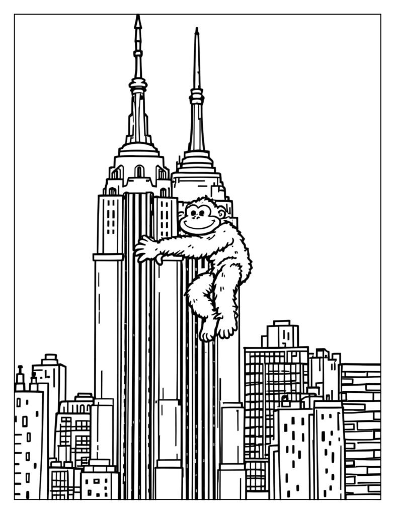 Fun, cartoon drawing of the Empire State Building's spire with a simple, friendly King Kong figure hanging near the top.