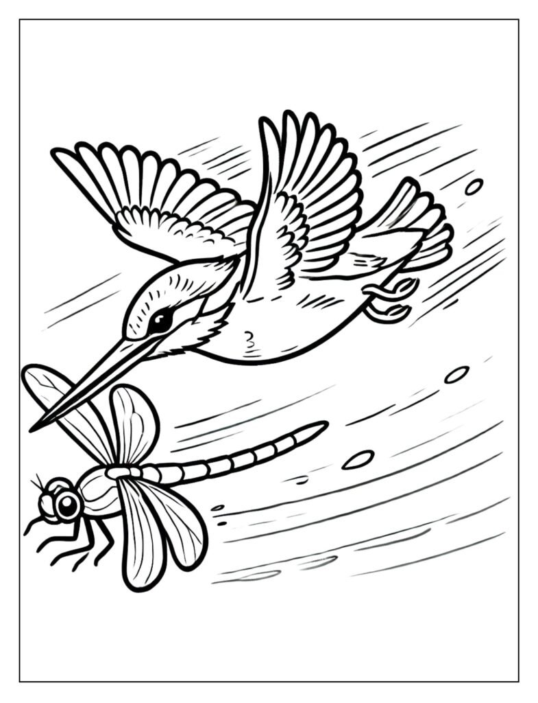 A kingfisher in flight, pursuing a dragonfly, illustrating its agility and hunting skills.