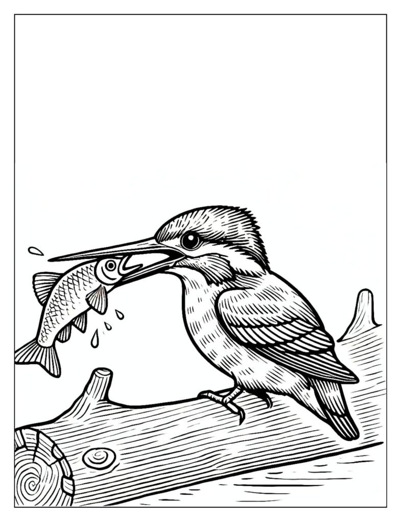 A kingfisher bird in mid-air, diving towards water, illustrating its hunting technique.