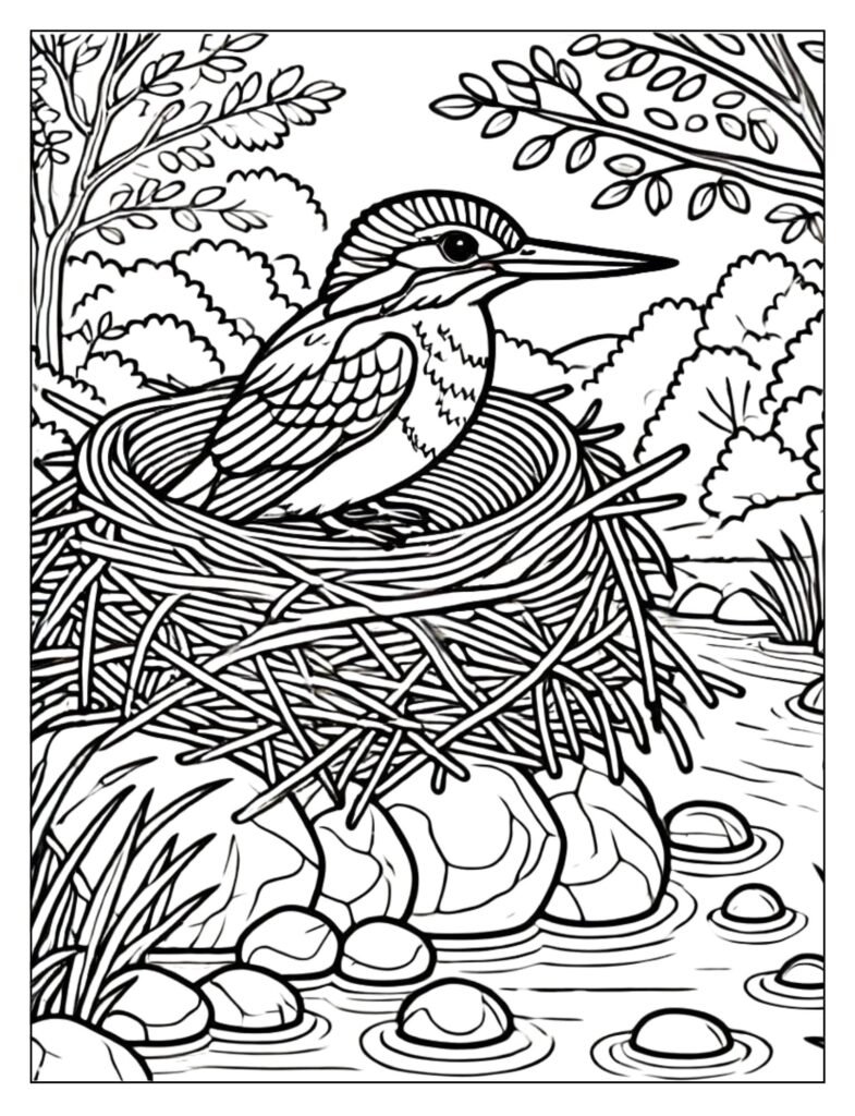 A kingfisher bird perched near a flowing stream, showing its natural habitat.