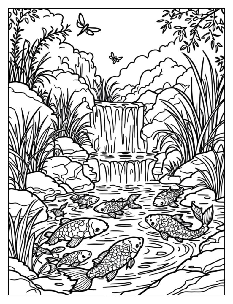 A complete pond scene with multiple koi fish, plants, and rocks.