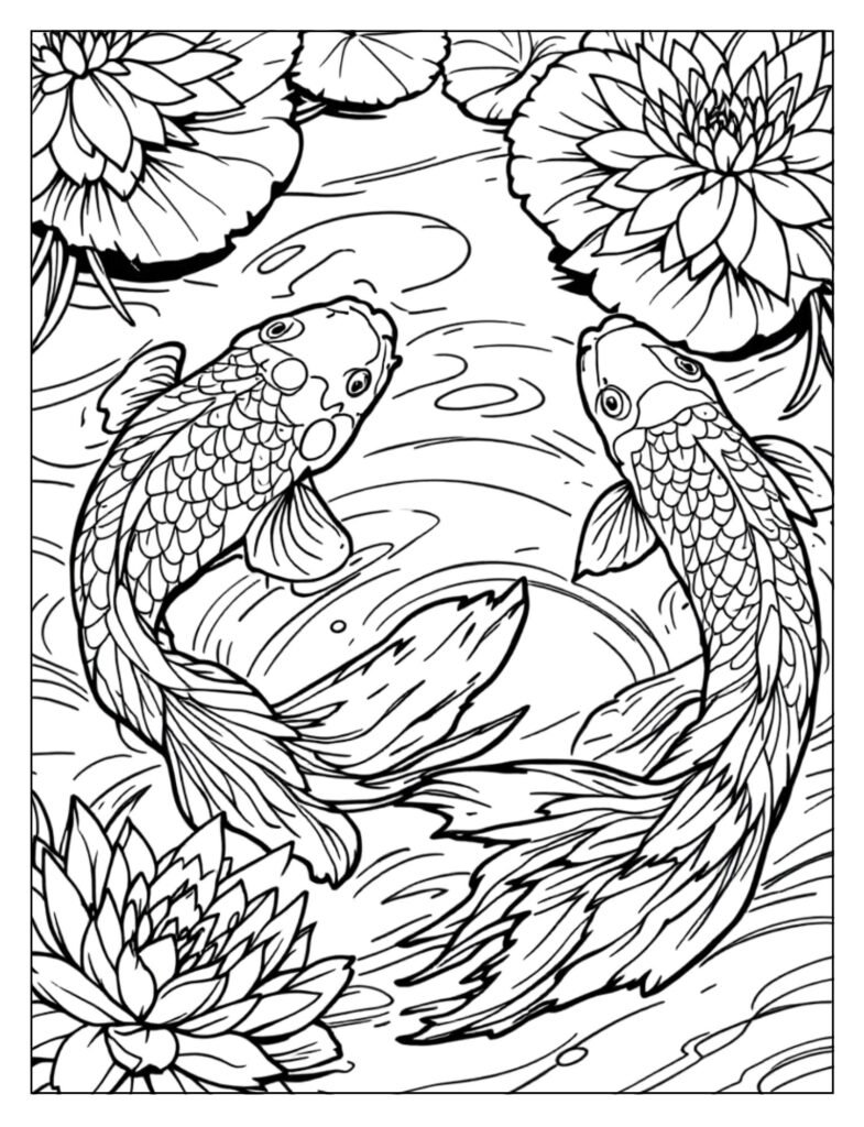 A koi fish swimming towards lily pads and flowers in a pond.