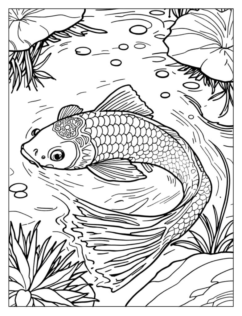 A single koi fish swimming peacefully in a detailed pond scene.

