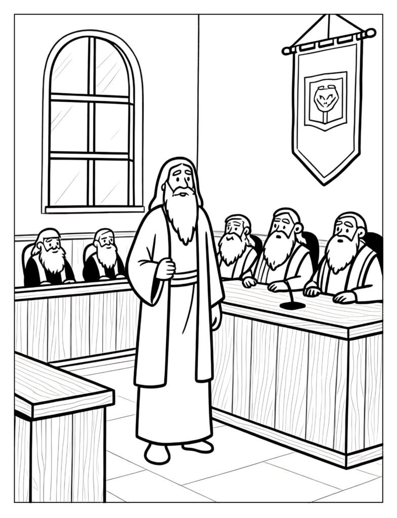 Korihor standing before judges at a trial.