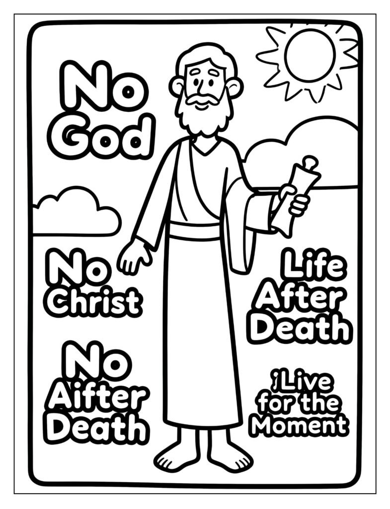 A drawing of Korihor with his false teachings written around him.