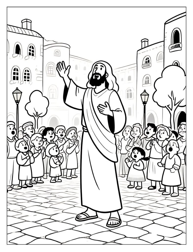 Korihor speaking to a crowd of people in a city.