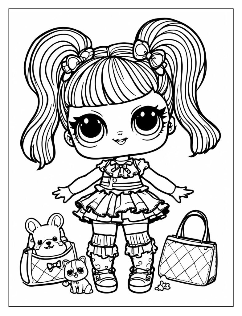  A blank outline of an LOL Surprise Doll, inviting children to draw and design their own outfit and features.