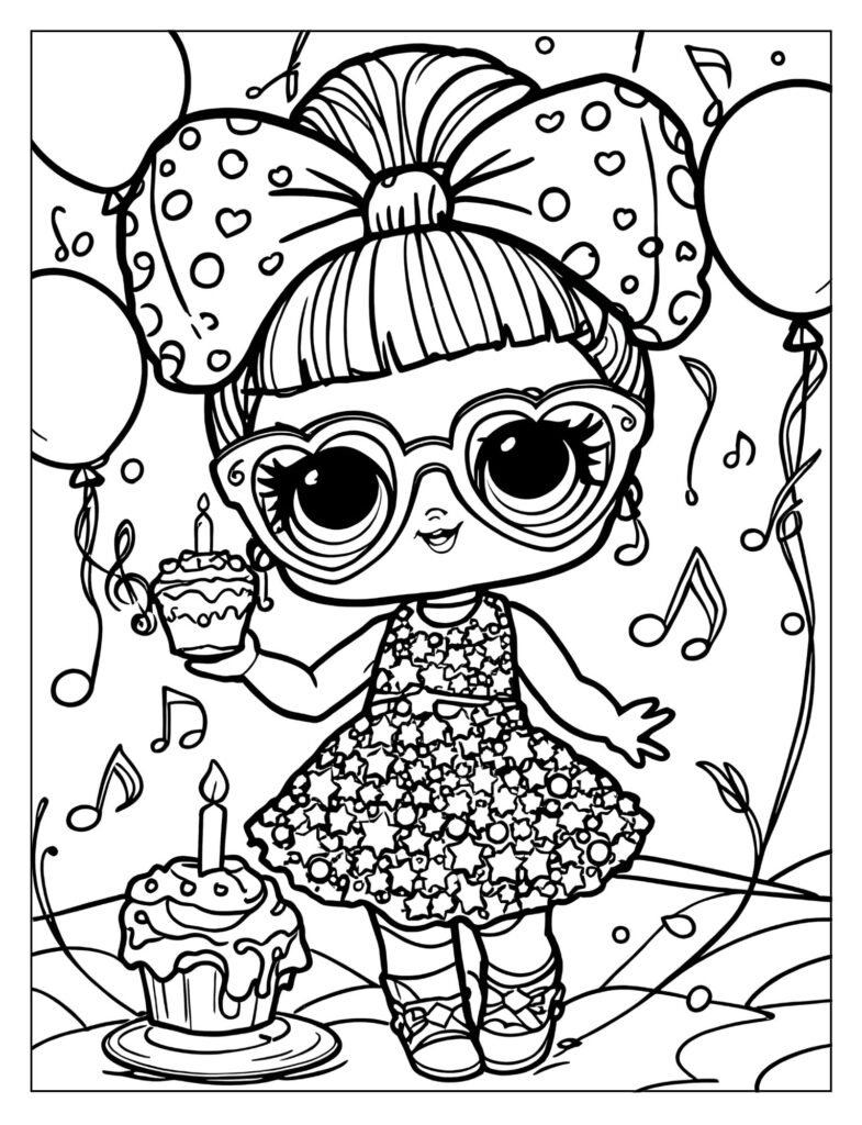 A sparkling LOL Surprise Doll with large eyes and a glamorous outfit, surrounded by glitter and stars.