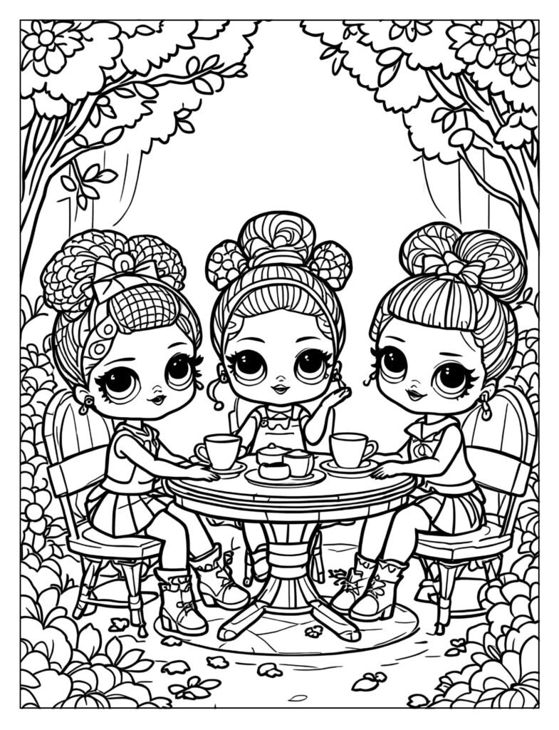 A group of LOL Surprise Dolls at a party, with balloons, cake, and festive decorations.

