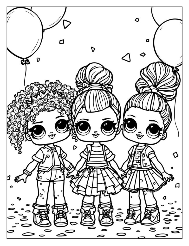 A group of LOL Surprise Dolls who are sisters, showing sisterly bond and friendship, possibly in matching outfits.