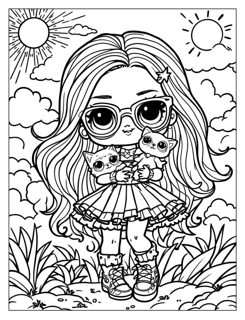 An LOL Surprise Doll with an energetic pose, radiating sparkle and light, with confetti or glitter in the background.