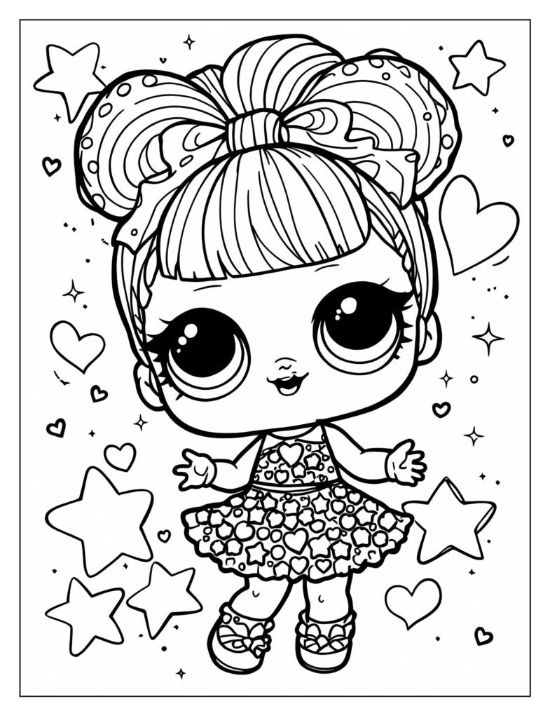 An LOL Surprise Doll with a surprised or excited expression, surrounded by confetti or bursting out of a box.