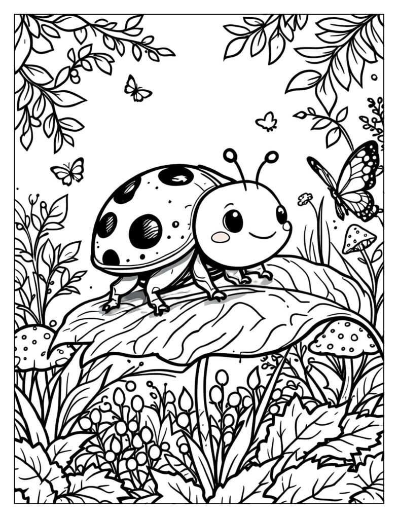 Sweet ladybug on a fresh green leaf coloring page