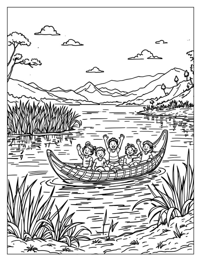 A traditional reed boat on Lake Titicaca with tall reeds and distant islands.
