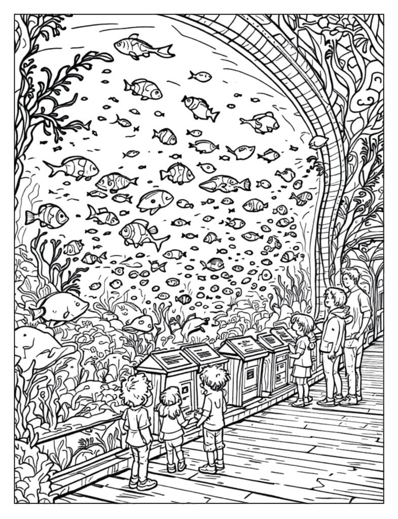 Wide line art of a massive, comprehensive large aquarium tank with many fish, rocks, and plants.