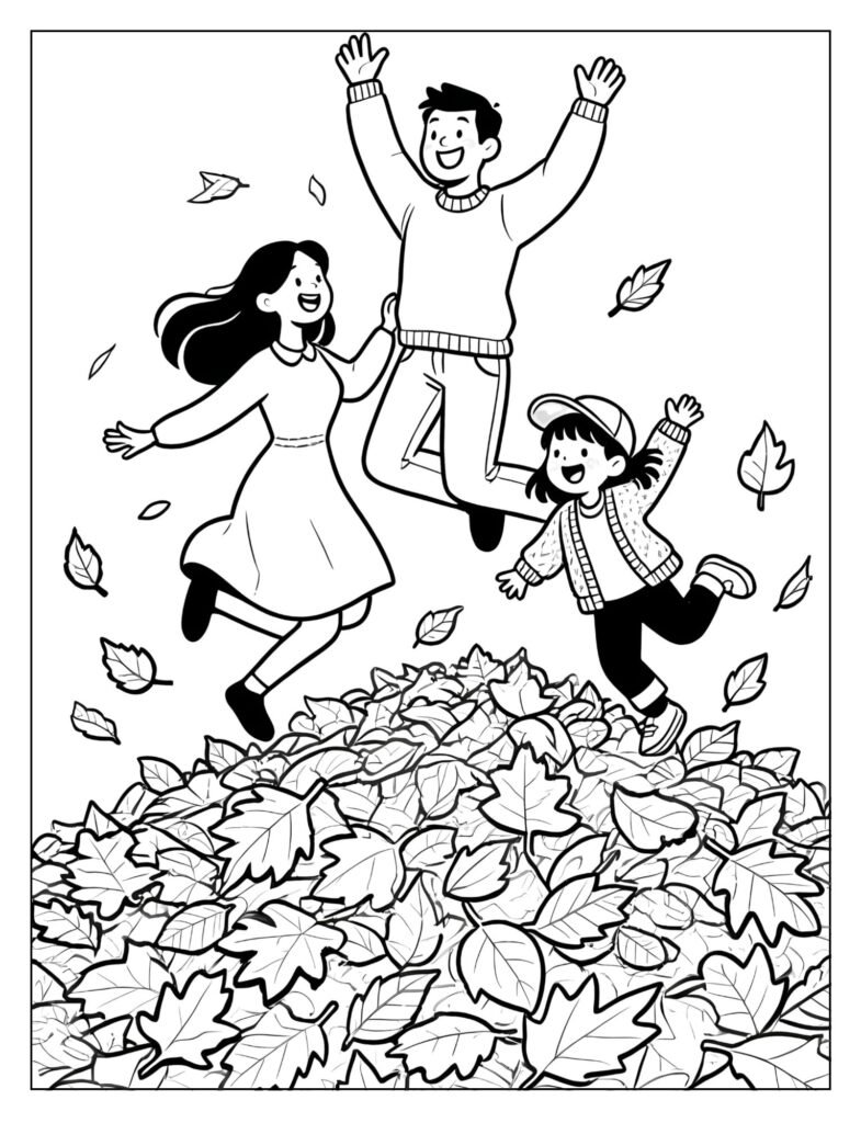 A family jumping into a big pile of colorful leaves.