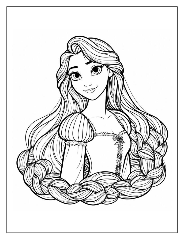 A black and white outline drawing of Rapunzel in her tower, letting her incredibly long, braided golden hair cascade down, ready for kids to color.