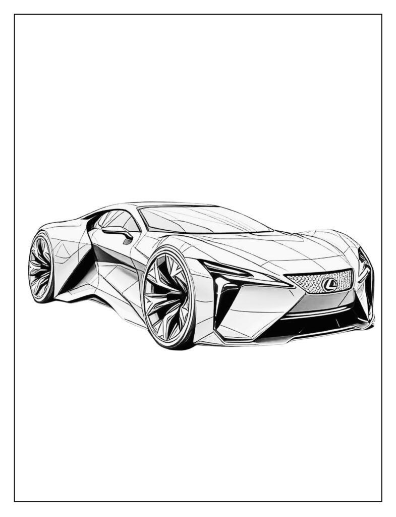 Futuristic and highly stylized drawing of a Lexus concept vehicle with extreme angles.
