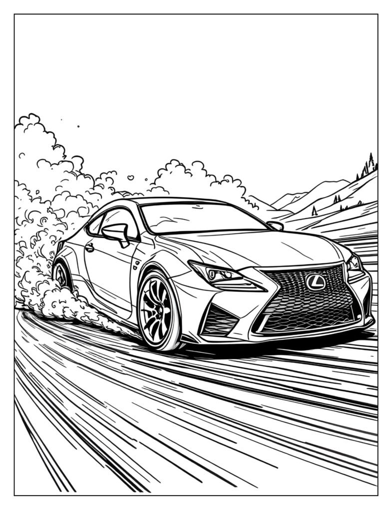 A Lexus RC F coupe in a dynamic drift pose with smoke coming off the rear tires.