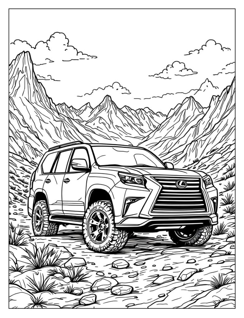 Drawing of the rugged, boxy Lexus GX 460 SUV parked on a rough, rocky off-road trail.