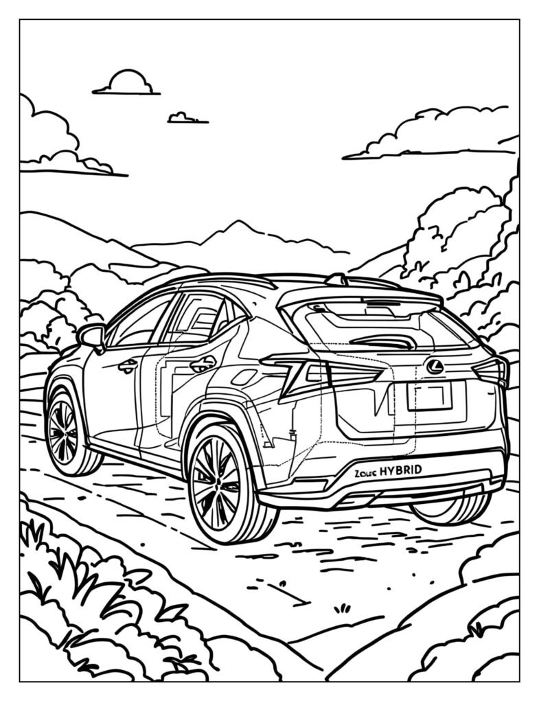 A drawing of a Lexus with an outline showing the electric battery and hybrid components. 