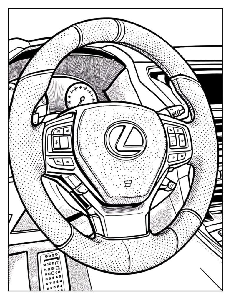 Close-up view of a Lexus steering wheel, showing the leather texture and control buttons.