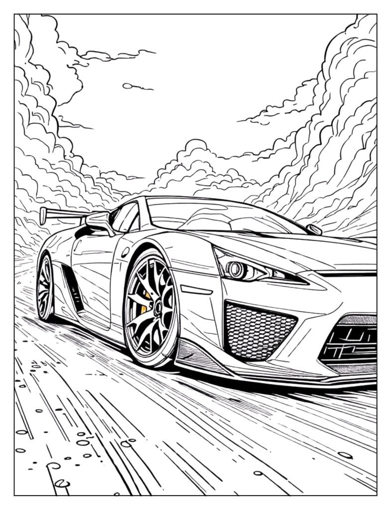 Low-to-the-ground drawing of the legendary Lexus LFA V10 supercar with a large rear spoiler.