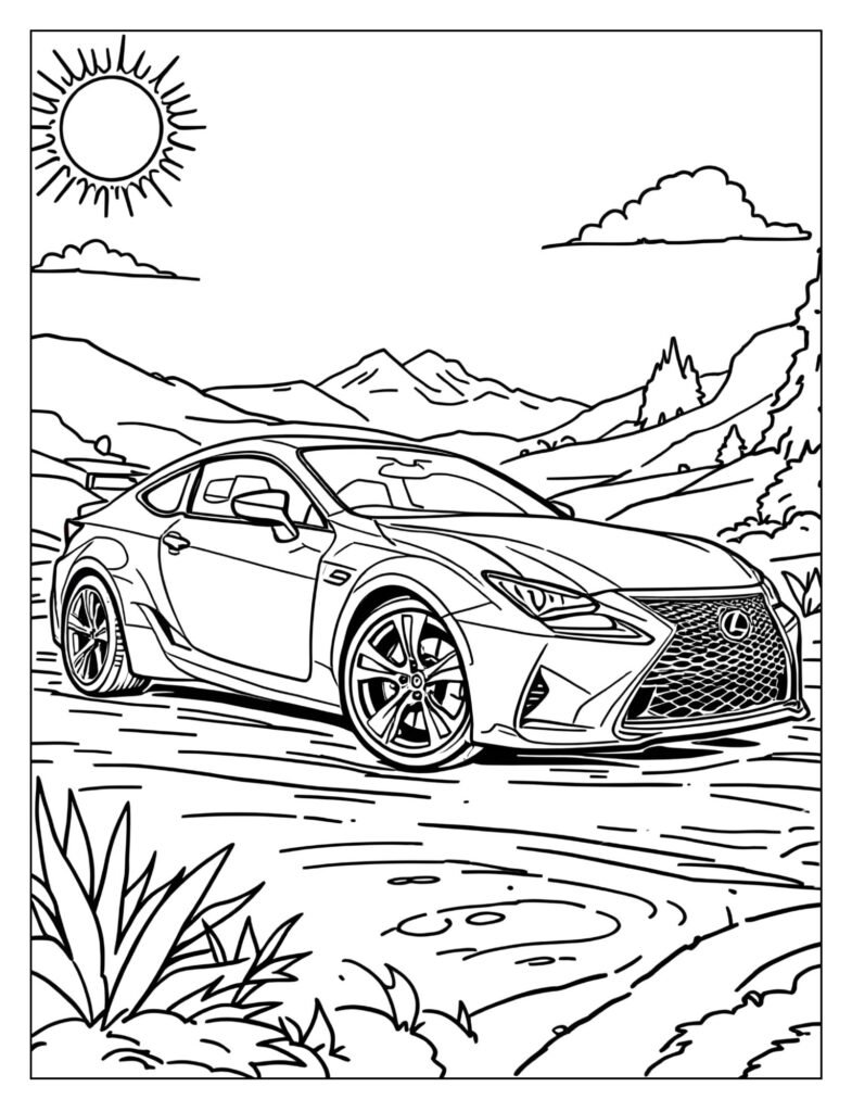 Muscular and wide drawing of the high-performance Lexus RC F coupe with large hood air vents.