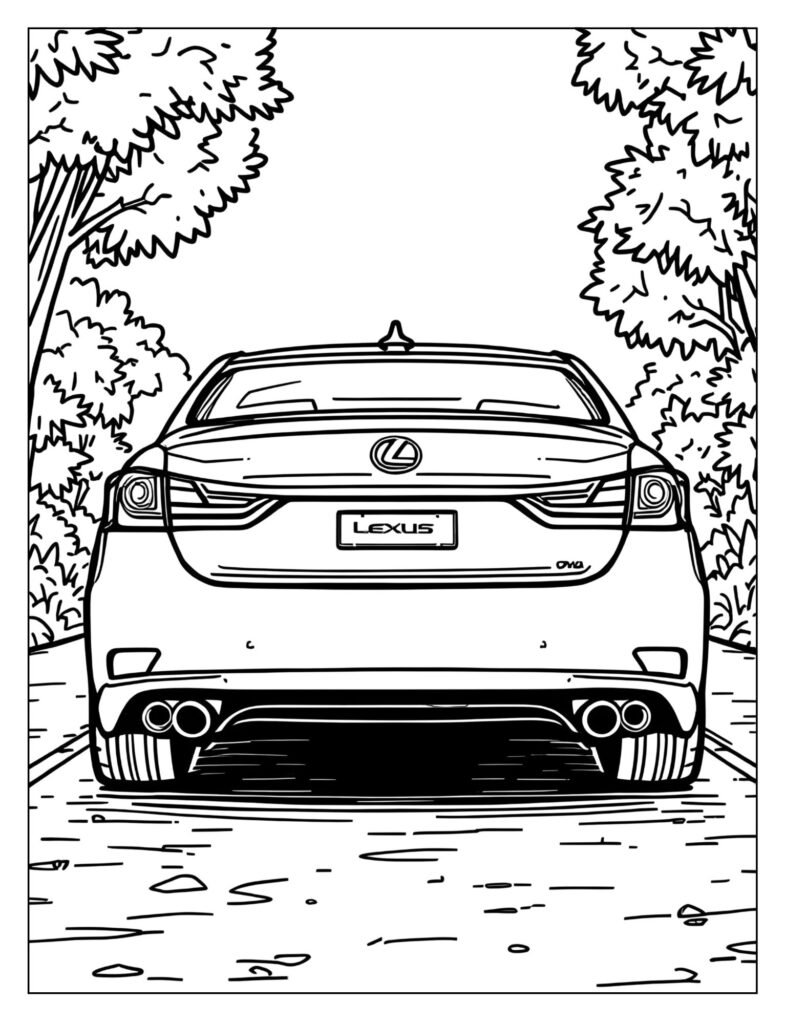 Detailed drawing of the back of a Lexus, focusing on the intricate rear taillights and dual exhaust tips.