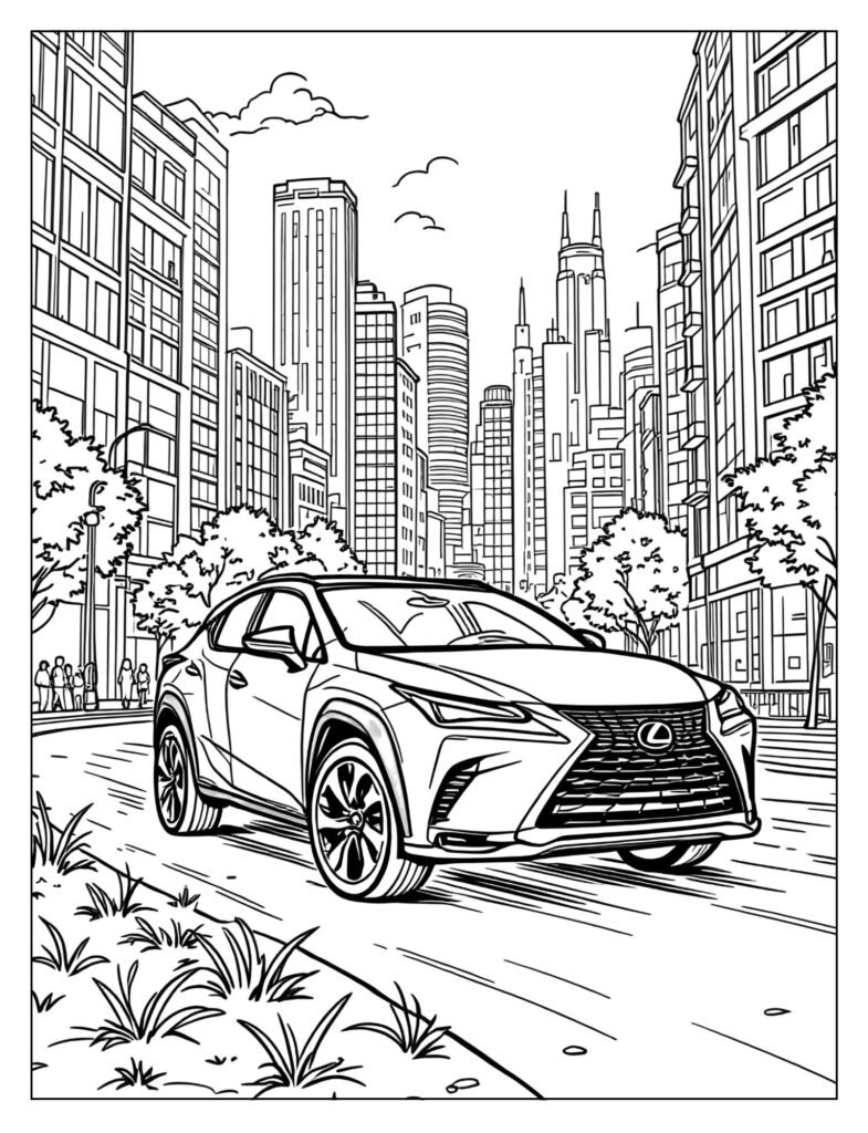 A Lexus UX 250h compact crossover driving through a busy, modern city street.