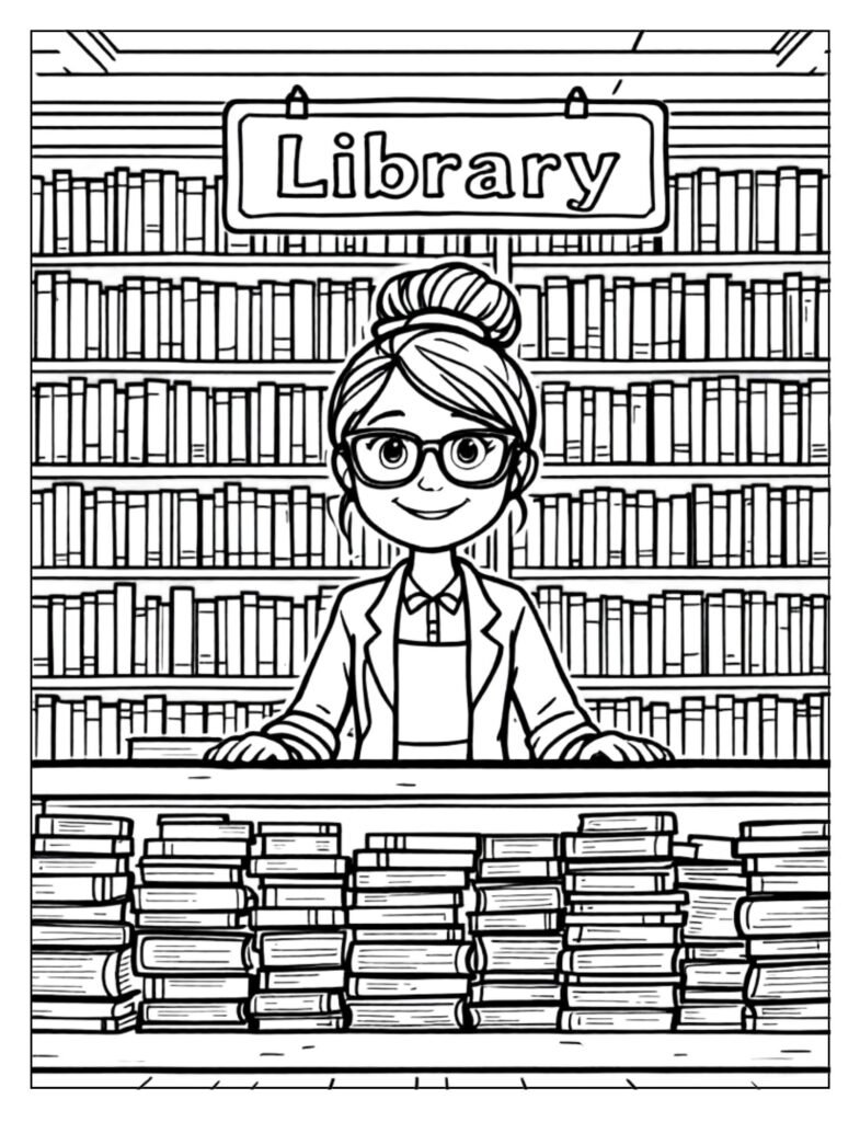 A black and white illustration of a librarian standing among bookshelves, ready for coloring.
