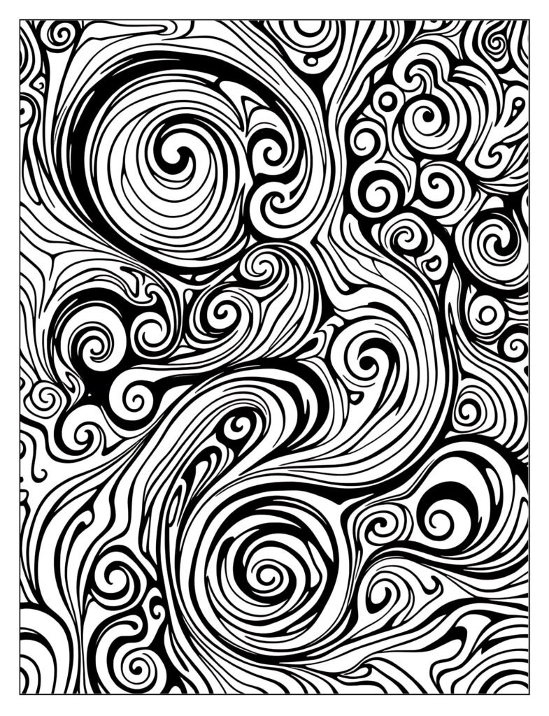 An abstract drawing of black and white swirls.