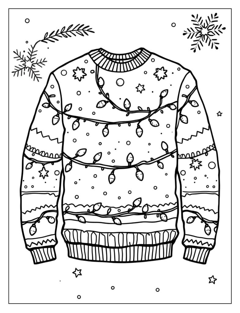 Sweater design that mimics the look of being decorated with actual strands of Christmas lights and green garland.
