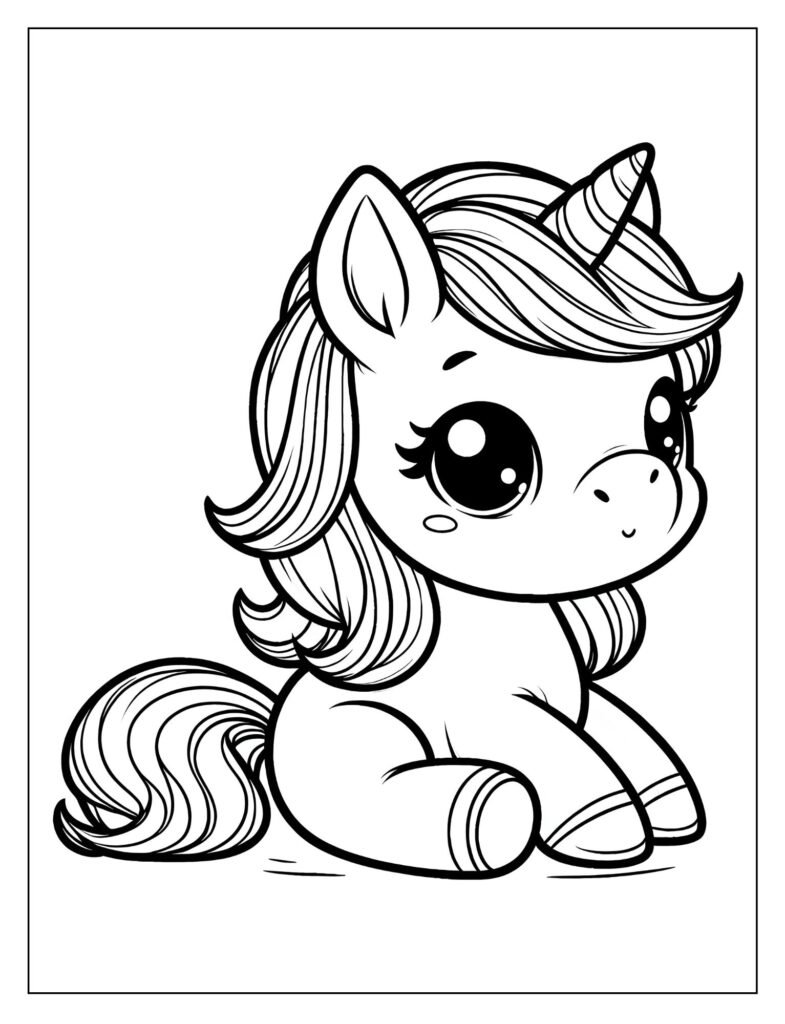 An outline drawing of a small baby unicorn having a playful interaction with another creature or object, ready for coloring.
